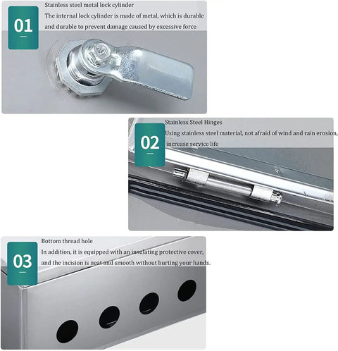 Heavy Duty Stainless Steel Outdoor Electrical Enclosure Box IP67 Weatherproof Junction Meter Box Wall Mounted With Mounting Plate For Indoor Outdoor Power Distribution Cabinet, lock, hinges, bottom holes