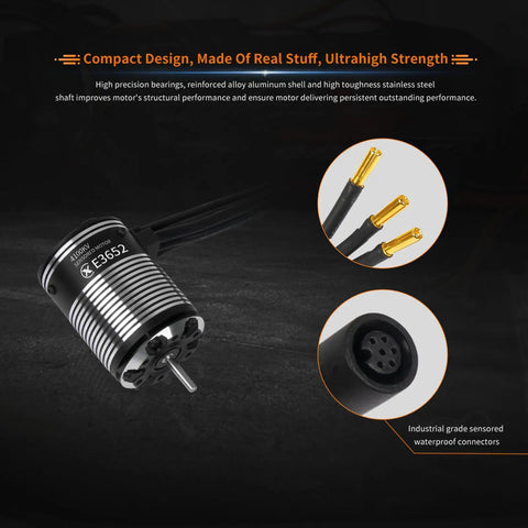 Sensored Brushless RC Car Motor 3300KV for 2 to 3S LiPo Battery, IP67, showing aluminum shell and connectors