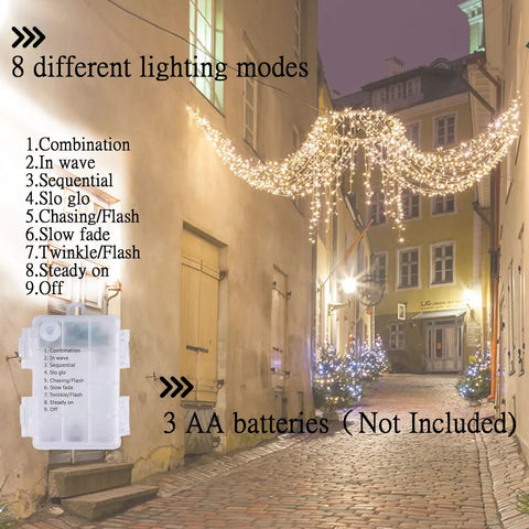 42.6 Foot Battery Powered Fairy Lights With 120 LEDs IP65 Waterproof Twinkle String draped over alleyway