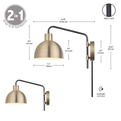Vintage Industrial 1 Light Wall Sconce Plug In Or Hardwire With Antique Brass And Matte Black Accent