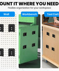 Heavy Duty Quarter Inch Air Tool Holder Wall Mount Eight Pack Pneumatic Organizers for garage storage on wall and workbench.