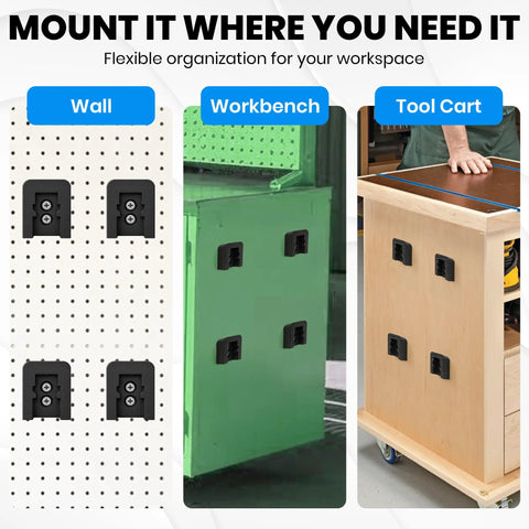 Heavy Duty Quarter Inch Air Tool Holder Wall Mount Eight Pack Pneumatic Organizers for garage storage on wall and workbench.