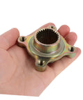 Hand holding beefed up heavy duty go kart rear axle sprocket mount with 28 teeth metal hub for ATV and quad bike