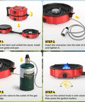 Two Burner Propane Camping Stove With Twenty Thousand BTU Output, Piezo Ignition setup steps with propane connection and flame