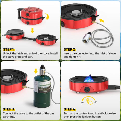 Two Burner Propane Camping Stove With Twenty Thousand BTU Output, Piezo Ignition setup steps with propane connection and flame