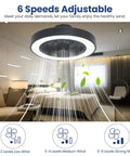 Bladeless Ceiling Fan With Lights 20 Inch Enclosed Black Dimmable Remote, shown in a modern bedroom, visualizing airflow and settings.