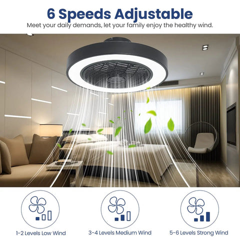 Bladeless Ceiling Fan With Lights 20 Inch Enclosed Black Dimmable Remote, shown in a modern bedroom, visualizing airflow and settings.