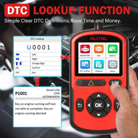 OBD2 Scanner AutoLink AL549 Pro Grade Diagnostic Tool showing DTC lookup function and interface for cars and SUVs.