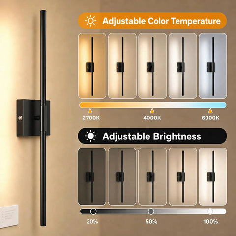 ARCWEISSO Black Battery Operated Wall Sconce with Remote Control 10000mAh showing adjustable color temperature and brightness settings.