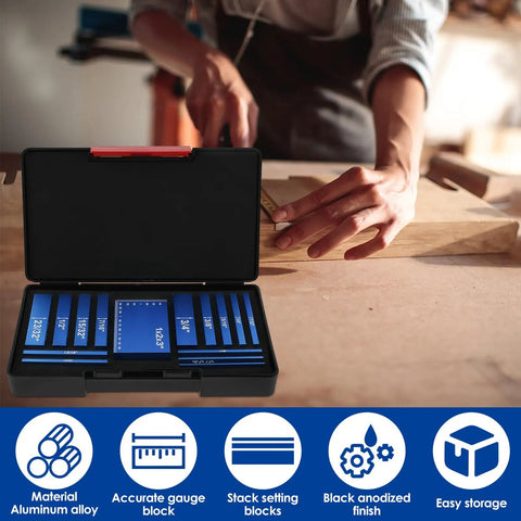 Heavy Duty 15 Piece Aluminum Setup Blocks And Height Gauge Set Featuring Precision Router Table Bars with gauge blocks viewed in open case.