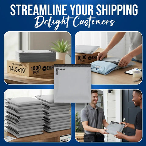 Weatherproof Poly Mailers 14.5x19 Inches 1000 Pack durable self-seal mailing envelopes shown in use for ecommerce packaging.