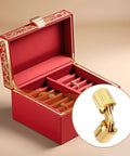 Open red jewelry box with visible slots and handle. Inset shows 8mm Hidden Brass Barrel Hinges Set For DIY Jewelry Boxes And Small Wooden Boxes.