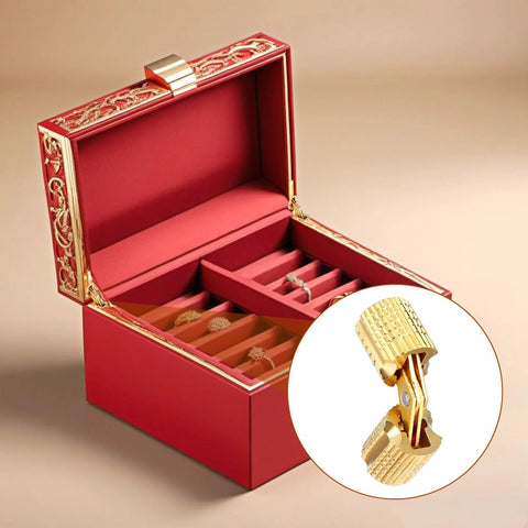 Open red jewelry box with visible slots and handle. Inset shows 8mm Hidden Brass Barrel Hinges Set For DIY Jewelry Boxes And Small Wooden Boxes.