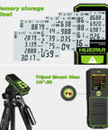 Workhorse Laser Distance Meter With 328 Ft Range on tripod showing memory storage and tripod mount details.