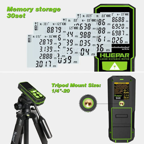 Workhorse Laser Distance Meter With 328 Ft Range on tripod showing memory storage and tripod mount details.