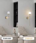 Mid Century Modern Long Wall Sconce In Brushed Brass For Bathroom Vanity Lighting Gold Globe Wall Light With White Glass Sphere Shade