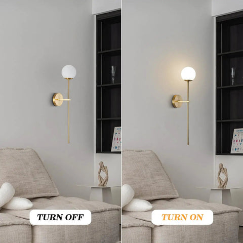 Mid Century Modern Long Wall Sconce In Brushed Brass For Bathroom Vanity Lighting Gold Globe Wall Light With White Glass Sphere Shade