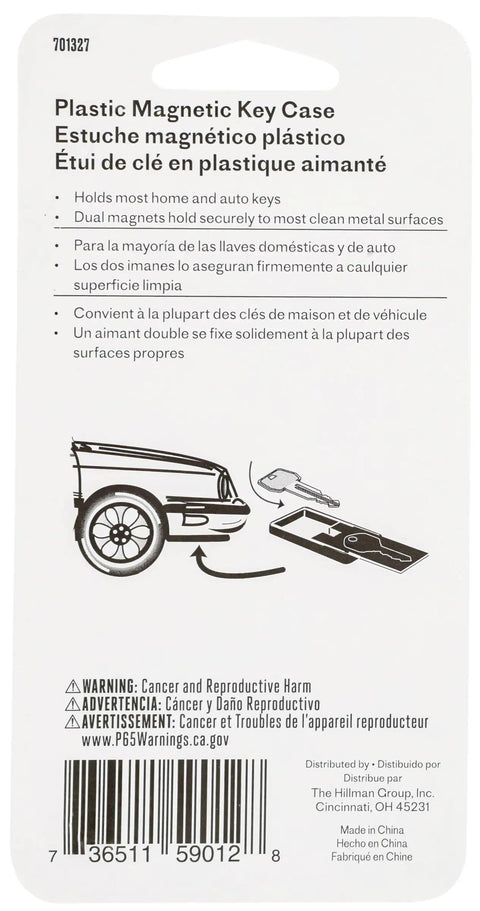 Packaging of a Large Plastic Magnetic Key Case For Spare Key Storage With Heavy Duty Magnets, instructions visible