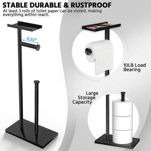 Diagram showing Free Standing Toilet Paper Holder With Phone Shelf, Rust Proof Carbon Steel Stand with 10LB load bearing and large storage.