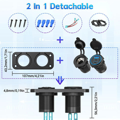 Top Shelf 12V Cigarette Lighter Socket Splitter Panel With Rugged On Off Switch Plus 20W USB Type C And 18W Quick Charge 3.0 Ports showing detachable parts and dimensions.