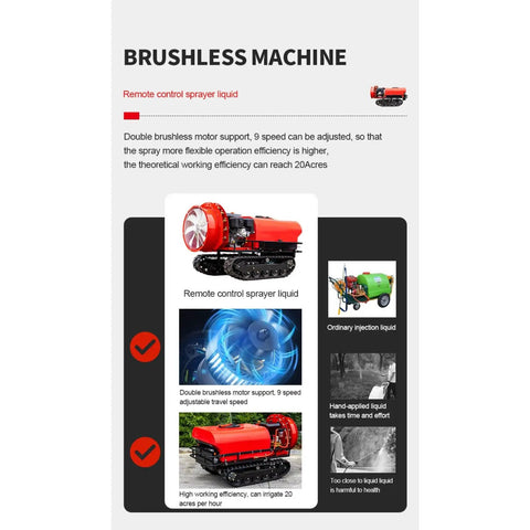 Remote Control Tracked Crawler Sprayer, Heavy Duty Agricultural Tank Spraying Machine For Farms And Orchards With Efficient Coverage, showcasing brushless motor and crawler design.