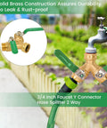 4 Way Brass Hose Splitter With Metal Handle, High Volume Solid Brass Valve, Three Quarter Inch Connectors installed on outdoor faucet