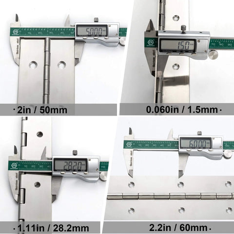 Marine Grade Heavy Duty Piano Hinge 36 Inch Long By 2 Inch Wide Built Beefy And Ready True Zero Point Zero Six Zero Inch Stainless Steel with caliper measurements