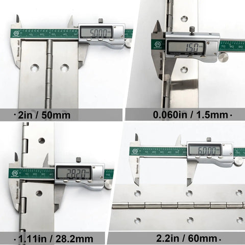 Marine Grade Heavy Duty Piano Hinge 48 Inch By 2 Inch Wide Solid Stainless Steel 0.060 Thick,  measuring thickness and width with calipers.