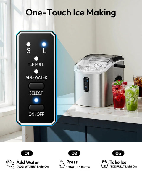 Front view of Amazon EUHOMY countertop ice maker in stainless steel with black control panel on kitchen counter.