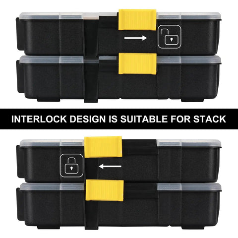 Stackable Plastic Toolbox Organizer Set of 2 Interlocking Design Clear Lids Grab and Go Compartments for Screws Nails Hardware