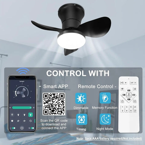 21 Inch Ceiling Fan With Lights And Remote Control, Smart App Control, Quiet DC Motor, Dimmable LED Light, Memory Function, Black Finish