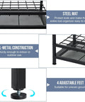 Heavy Duty Corner Garden Tool Organizer For Garage And Shed Storage That Holds Up To 50 Long Handled Tools Rakes Brooms Shovels With Adjustable Feet And Easy Assembly Black Steel close-up view highlighting steel mat, all-metal construction, and adjustable feet.