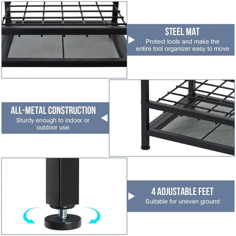 Heavy Duty Corner Garden Tool Organizer For Garage And Shed Storage That Holds Up To 50 Long Handled Tools Rakes Brooms Shovels With Adjustable Feet And Easy Assembly Black Steel close-up view highlighting steel mat, all-metal construction, and adjustable feet.