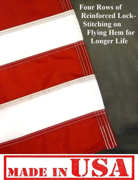 Close-up of 2.5 By 4 Foot All American Flag With Pole Sleeve And Leather Tab Embroidered Stars Sewn Stripes Outdoor SolarMax Nylon Durable