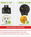 Nema 5 15P To 10 50R Electric Vehicle Charging Adapter Cord 15 Amp Max showing plug compatibility details.