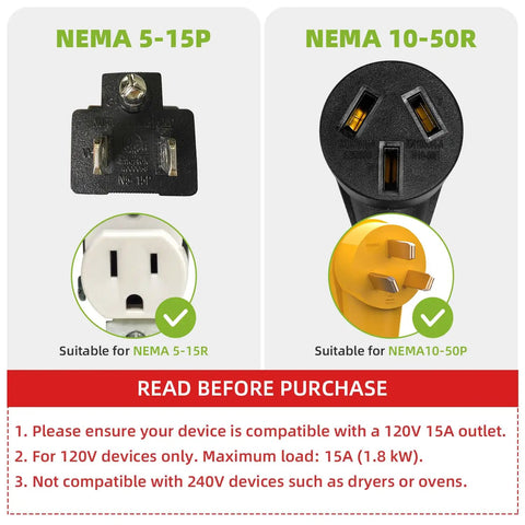 Nema 5 15P To 10 50R Electric Vehicle Charging Adapter Cord 15 Amp Max showing plug compatibility details.