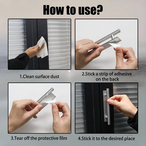 Four Pieces Silver Adhesive Cabinet Handles installation guide showing step-by-step self-stick process on cabinets and furniture.