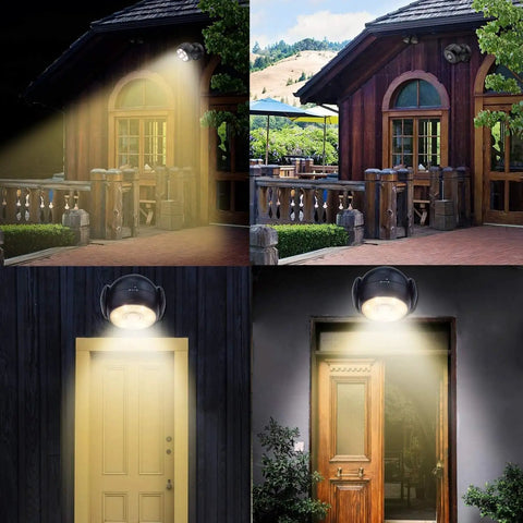 Battery Operated Motion Sensor Spotlight illuminating porch and doorways, wireless LED flood light, waterproof security lighting