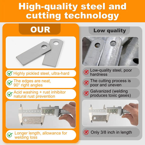 Comparison of Premium Acid Pickled Weld Tabs 10 Pack Heavy Duty Steel Tack Studs With Three Eighth Inch Hole No Coating against low-quality steel alternatives.