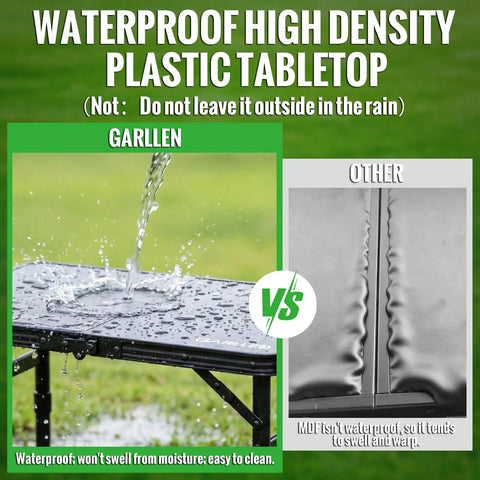 Foldable Camping Table With Waterproof Plastic Tabletop Portable Picnic Table Aluminum Frame Three Height Levels Ideal For BBQs Camping And Indoor Or Outdoor Use Sturdy Easy Clean 22.8 Inches Long 15.7 Inches Wide, showcasing water resistance with water pouring on surface against MDF example.