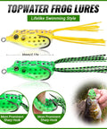 Topwater frog lures from All In One Pro Grade Fishing Lures Kit, showing lifelike design and sharp hooks for bass fishing