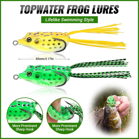 Topwater frog lures from All In One Pro Grade Fishing Lures Kit, showing lifelike design and sharp hooks for bass fishing
