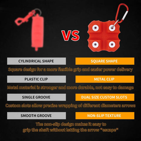 Comparison of square shape archery arrow puller with metal clip versus cylindrical design, highlighting dual slots and non-slip texture.