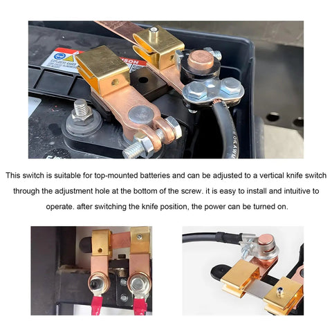 Heavy Duty Knife Blade Battery Cutoff Switch 12V 24V Negative Terminal showing copper connections on a top-mounted battery.