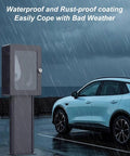 Tough As Nails Lockable EV Charger Pedestal Box With Secure Key Entry Shield For Wall Mounted Outdoor Charging Stations in rain.
