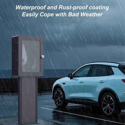 Tough As Nails Lockable EV Charger Pedestal Box With Secure Key Entry Shield For Wall Mounted Outdoor Charging Stations in rain.