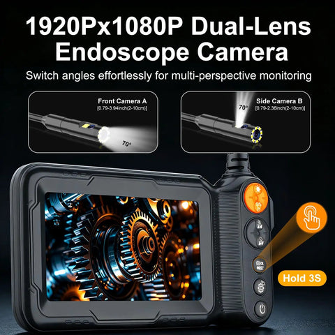 1920x1080P Dual Lens Endoscope Camera with light borescope and 5 Inch HD IPS screen for inspections.