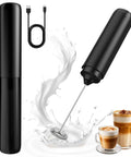 Rechargeable Milk Frother Handheld Wand For Coffee And Lattes Electric Whisk With Cover Quick 15000 RPM Foam Maker For Matcha Lattes Cappuccinos Hot Chocolate Easy Clean And Portable Drink Mixer, black color, with USB cable and coffee cups.