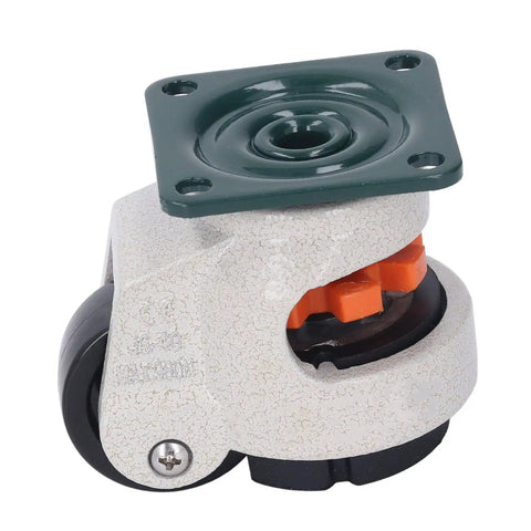 Heavy Duty Leveling Casters With Height Adjustable Pads And Smooth Rolling Wheels for workbenches, showcasing durable construction and orange detail.