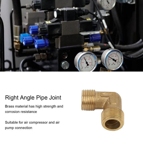 Right Angle Brass Elbow Fitting 90 Degree G3/8 Thread for Air Compressor Quick Connect Adapter, shown with gauges and setup